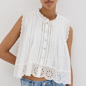 Farm Rio Off White Sleeveless Cotton Eyelet Scalloped Collar Button Blouse Top